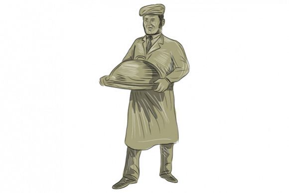 Victorian Waiter Serving Food Platter Drawing example image 1