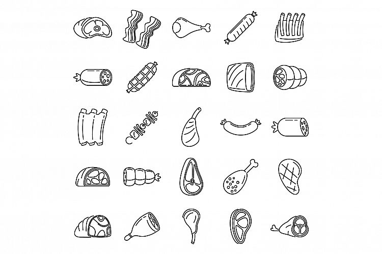 Raw meat icons set, outline style