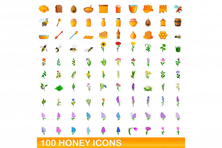 100 honey icons set, cartoon style example image 1