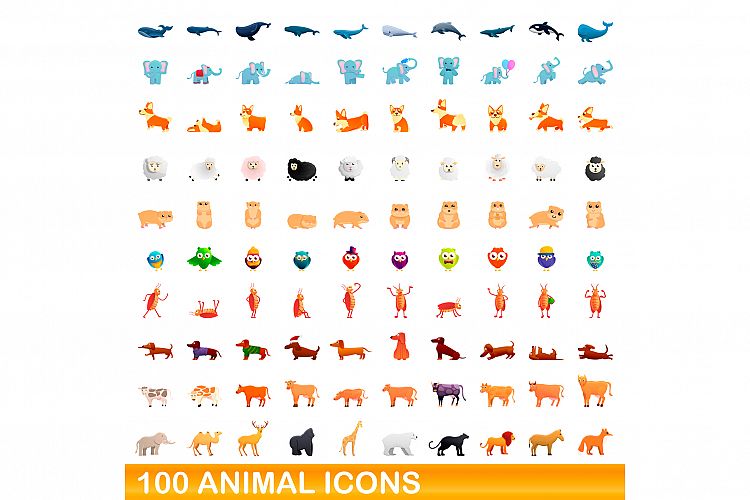 100 animal icons set, cartoon style example image 1