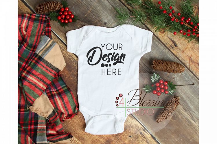 Christmas Mockup White One piece bodysuit Winter Flat Lay