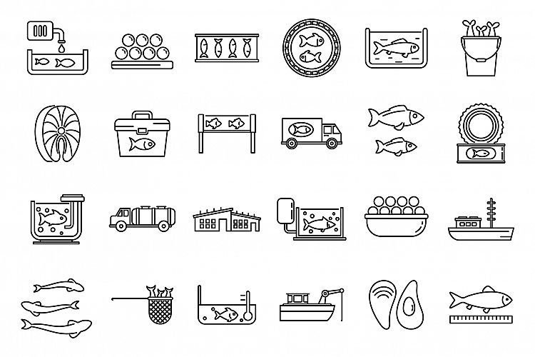 Food fish farm icons set, outline style