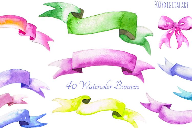 Watercolor Banners Ribbon Wedding Invitation Clipart