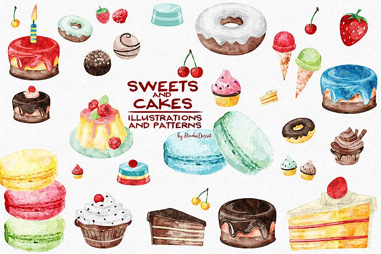 Sweets and Cakes Watercolor Illustrations & Patterns