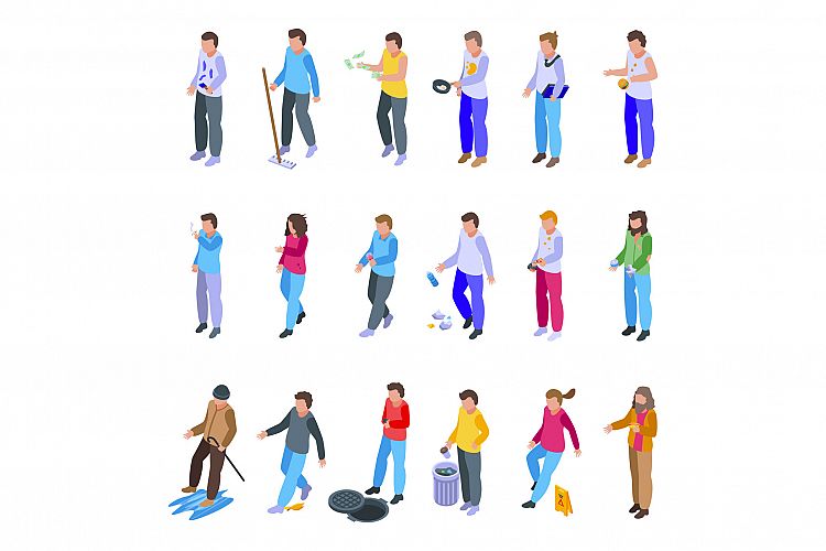 Careless person icons set, isometric style example image 1