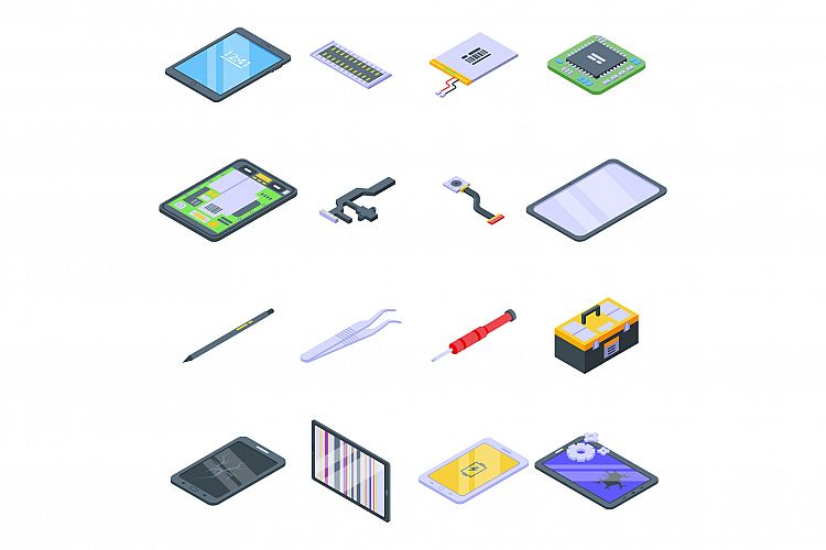 Tablet repair icons set, isometric style example image 1