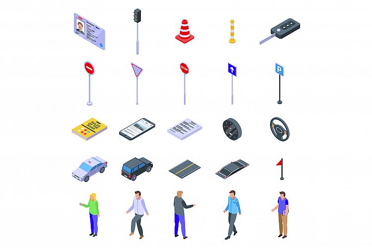 Driving school icons set, isometric style example image 1