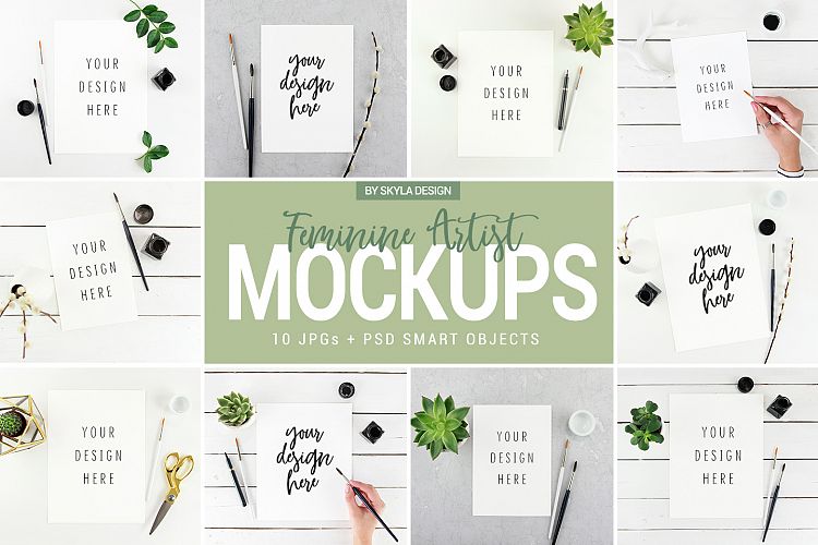 10 Feminine artist styled stock photos mockup bundle flatlays