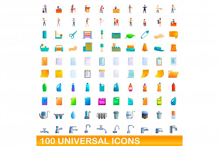 100 universal icons set, cartoon style example image 1