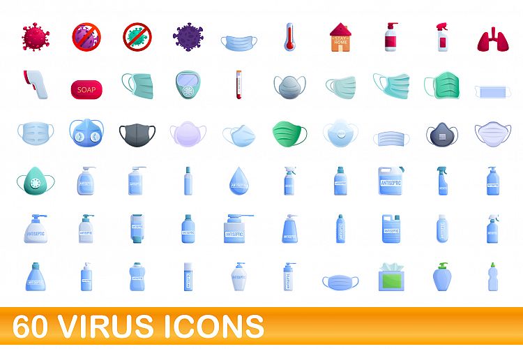 60 virus icons set, cartoon style