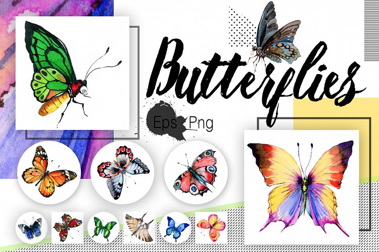 Watercolor butterflies, eps and png