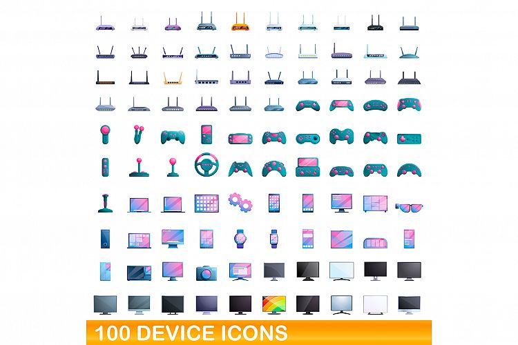 100 device icons set, cartoon style