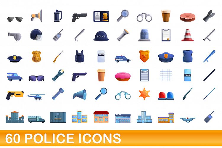 60 police icons set, cartoon style example image 1