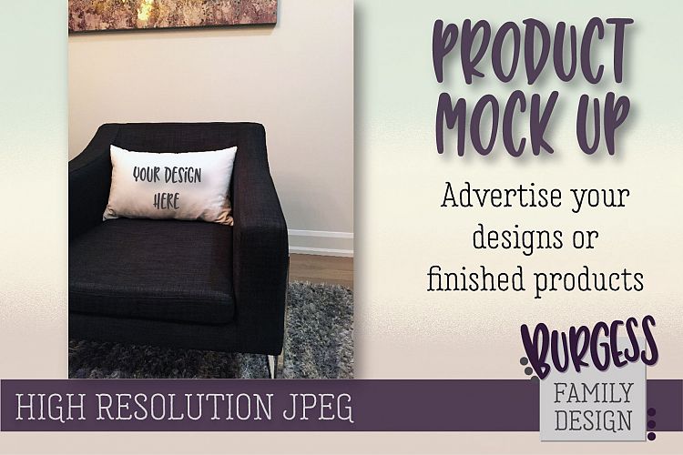 MOCK UP Rectangle pillow black chair | High Resolution JPEG