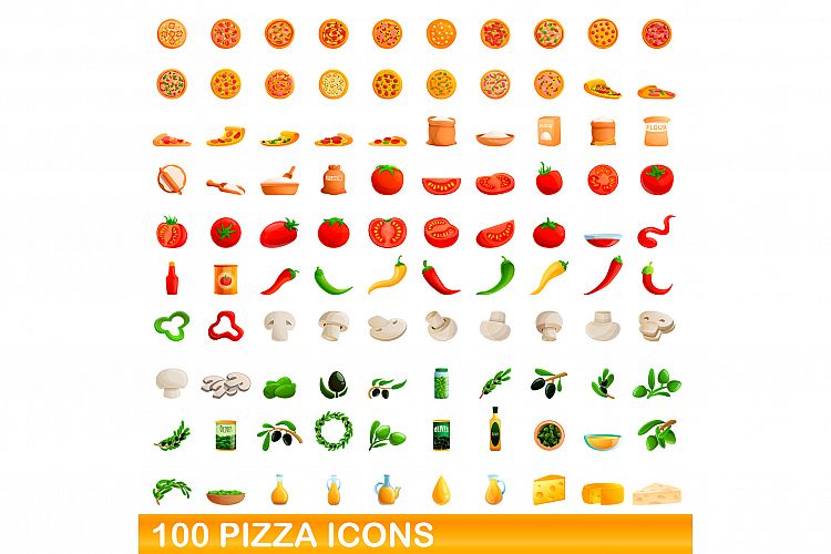 100 pizza icons set, cartoon style example image 1