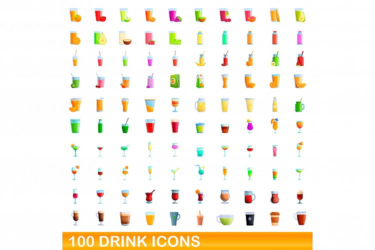 100 drink icons set, cartoon style