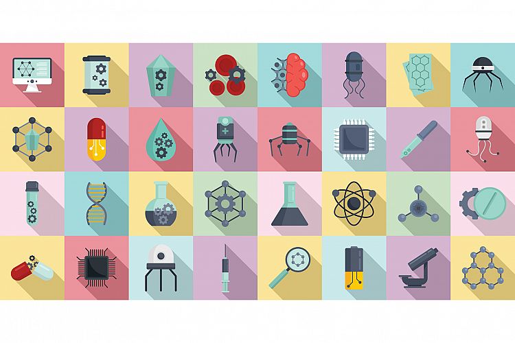 Nanotechnology icons set, flat style