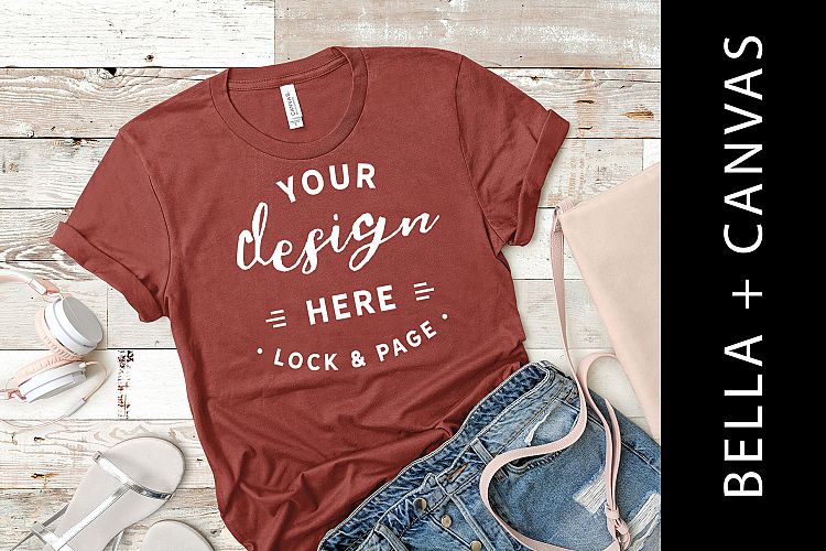 Rust Bella Canvas 3001 Mockup T-Shirt Flat Lay Feminine