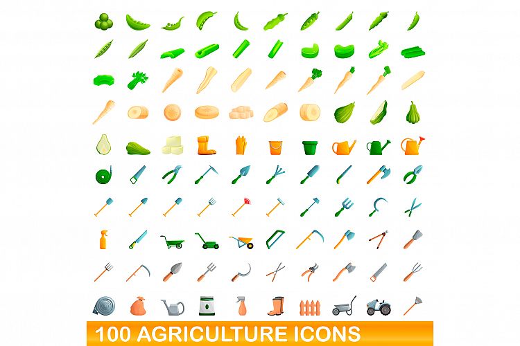 100 agriculture icons set, cartoon style example image 1