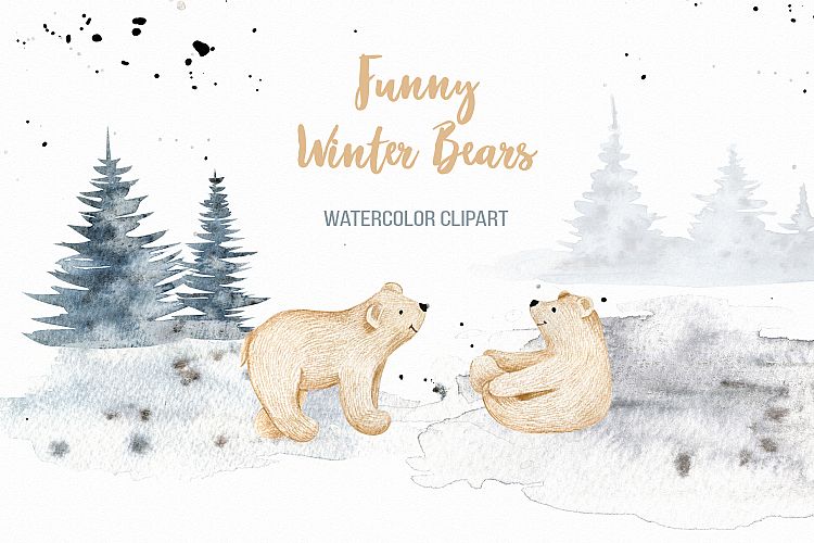 Funny Winter Bears Christmas tree and mountain clipart