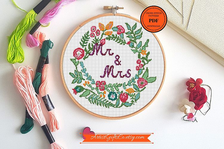 Cross Stitch Beautiful round Mr&Mrs cross stitch pattern PDF