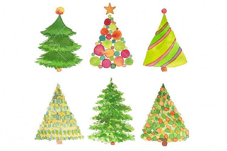 Set of watercolor hand painted Christmas tree.