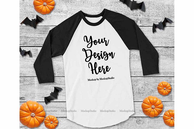 Fall Halloween Raglan Jersey Tshirt Black and White Mock Up