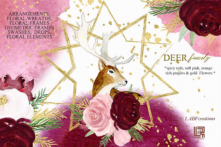 Deer family.Spicy red, orange, purple and gold watercolor