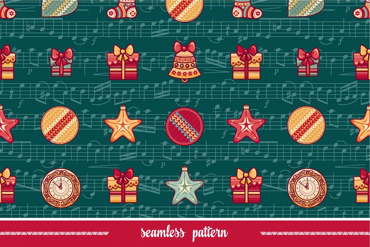 Seamless pattern. Christmas. Toy and Sheet music. Ball. Cartoon style. Abstract background. Ornament for childrens music party and gift wrap.