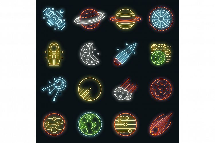 Planets icon set vector neon example image 1