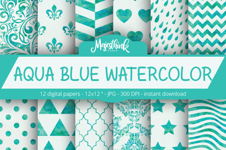 AQUA BLUE Watercolor Digital Paper Pattern - with star, heart, damask, chevron, herringbone, stripe, triangle pattern on paper