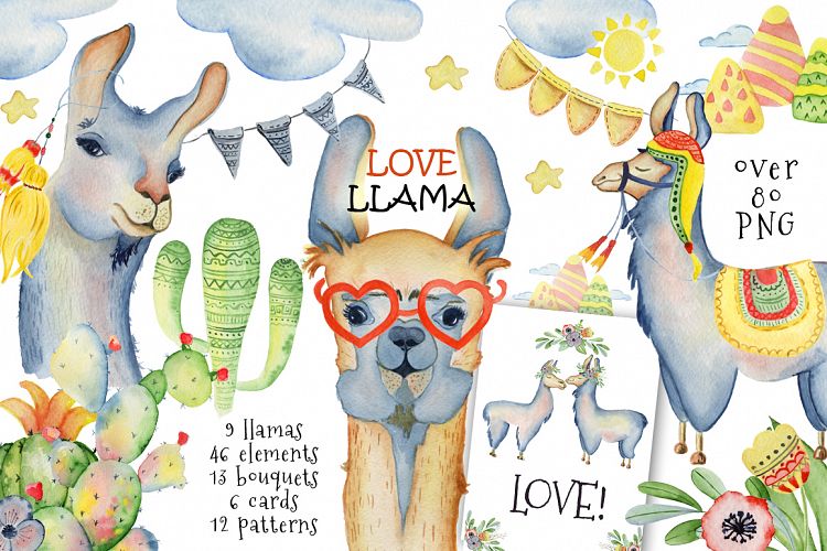 Cute llamas. Watercolor animals clipart