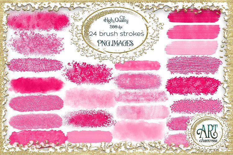 Brush Strokes in American Pink Glitter - Digital Clipart 24 of beautiful PNG files