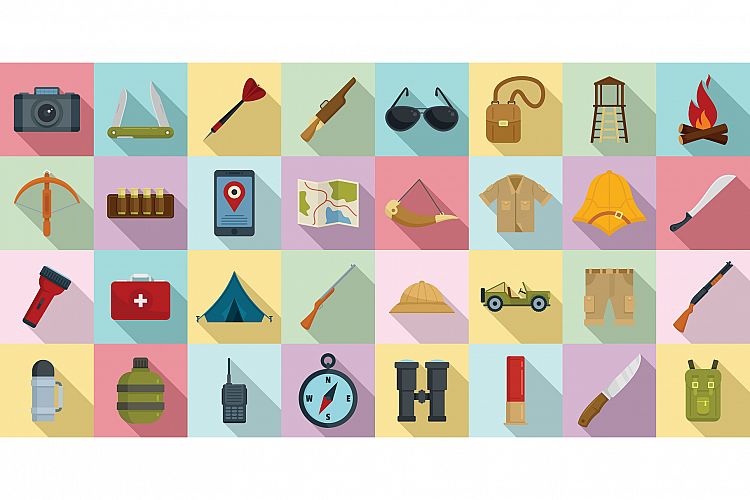 Safari equipment icons set, flat style example image 1