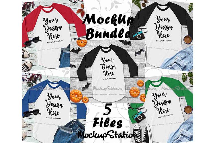 Raglan Mockup Bundle, 5 Baseball Tee Shirt Image Collection