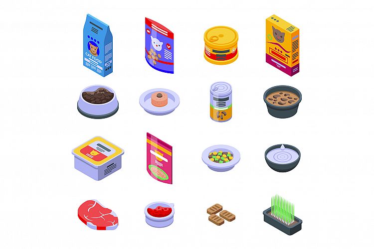 Cat food icons set, isometric style