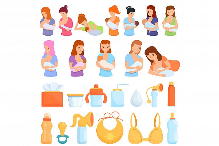 Breast-feeding icons set, cartoon style example image 1