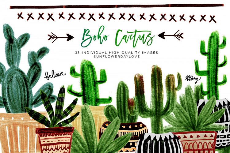 Boho Cactus Clipart, Watercolor Boho Clipart