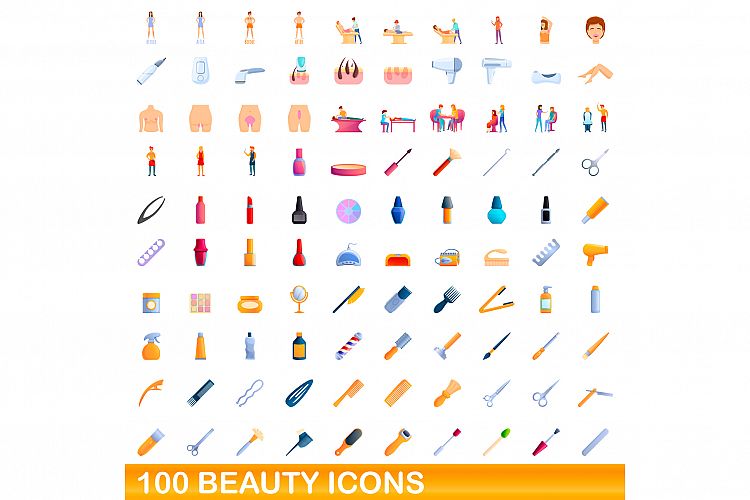 100 beauty icons set, cartoon style example image 1