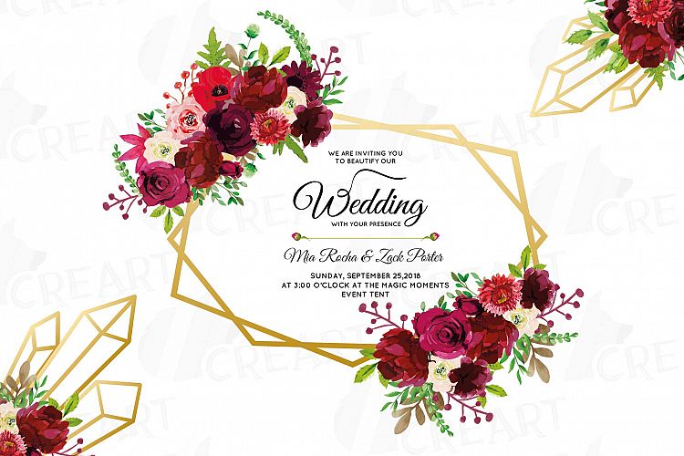 Watercolor Burgundy Floral Geometric Frame, geometric invite