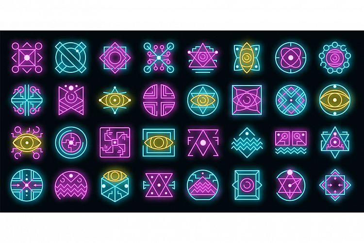 Alchemy icons set vector neon