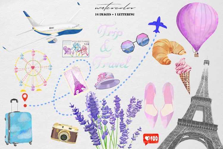Trip & travel watercolor clip art set