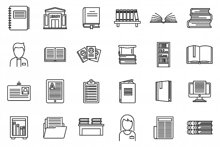 University library icons set, outline style