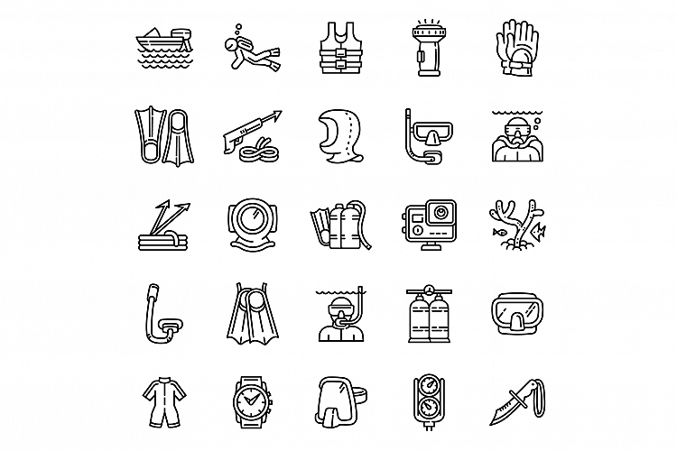 Snorkeling equipment icons set, outline style example image 1