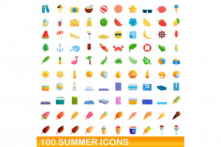 100 summer icons set, cartoon style example image 1