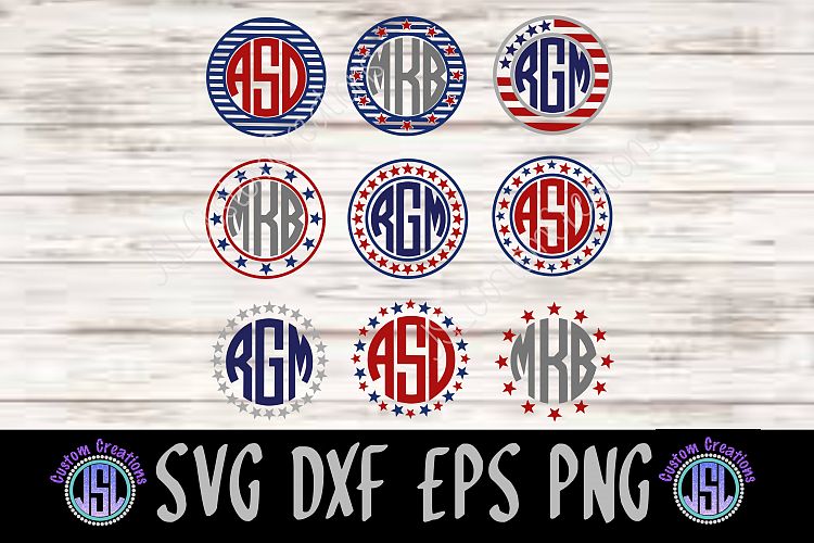 Patriotic Circle Monogram Frames, Set of 9 Bundle, SVG EPS DXF PNG Digital Download