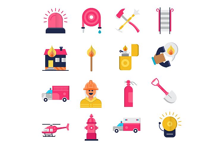 Firefighter and fire department flat icons set