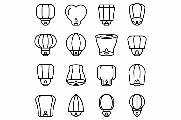 Floating lantern icons set, outline style example image 1