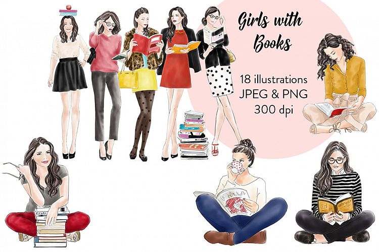 Girls with books - Watercolour fashion illustration clipart