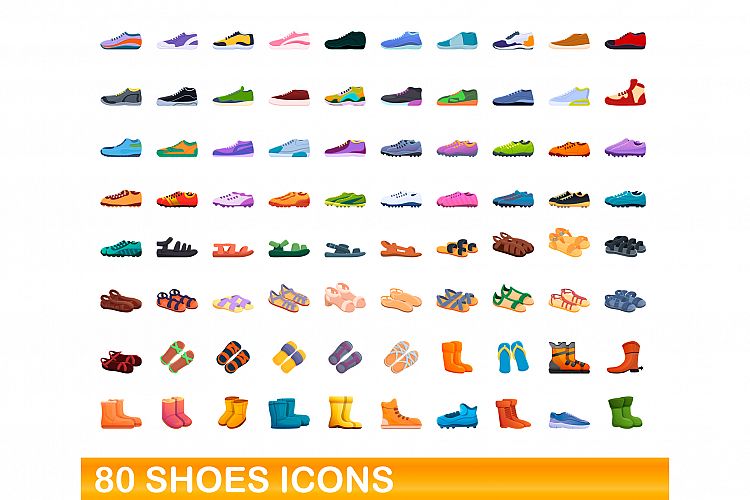 80 shoes icons set, cartoon style example image 1